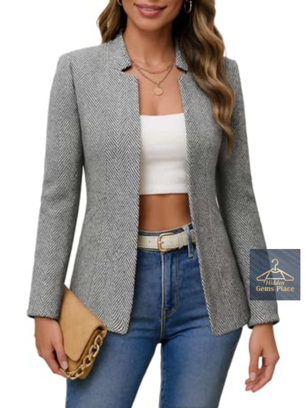 Herringbone Tweed Blazer Full-Lined Notch Collar Business Casual